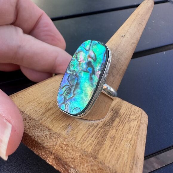 Abalone Shell Sterling Silver Plated Ring – Size 13 Statement Jewelry - Picture 7 of 11